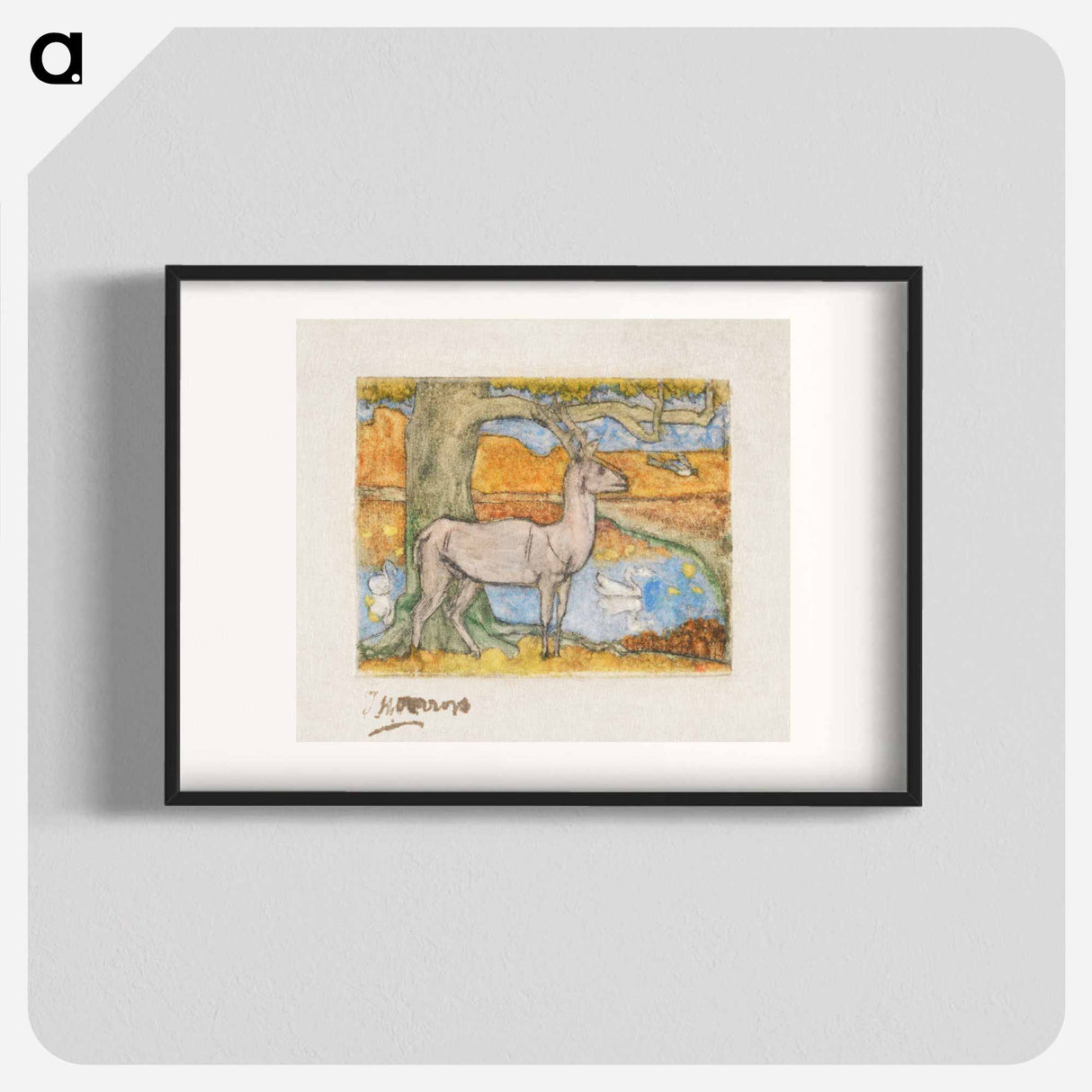 Deer near a Tree in Front of a Pond - ヤン・トゥーロップ Poster.