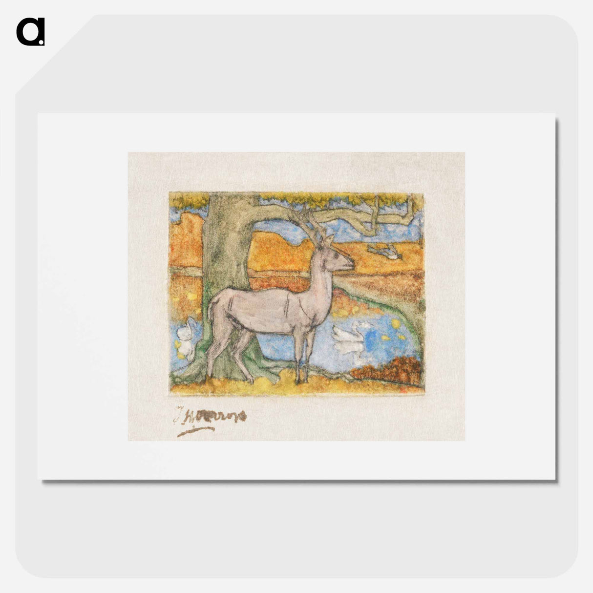 Deer near a Tree in Front of a Pond - ヤン・トゥーロップ Poster.