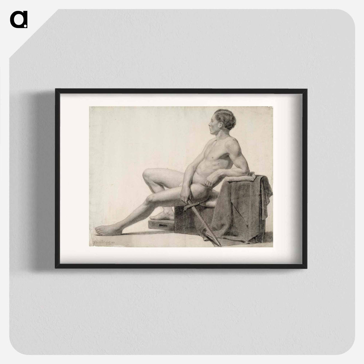 Seated male model holding a sword, academy study - アルバート エーデルフェルト Poster.