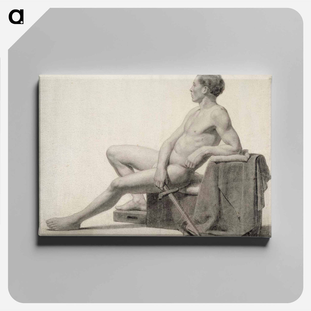 Seated male model holding a sword, academy study - アルバート エーデルフェルト Canvas.