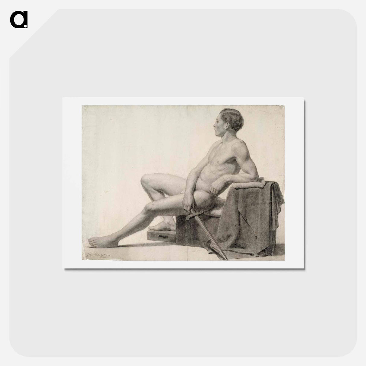 Seated male model holding a sword, academy study - アルバート エーデルフェルト Postcard.