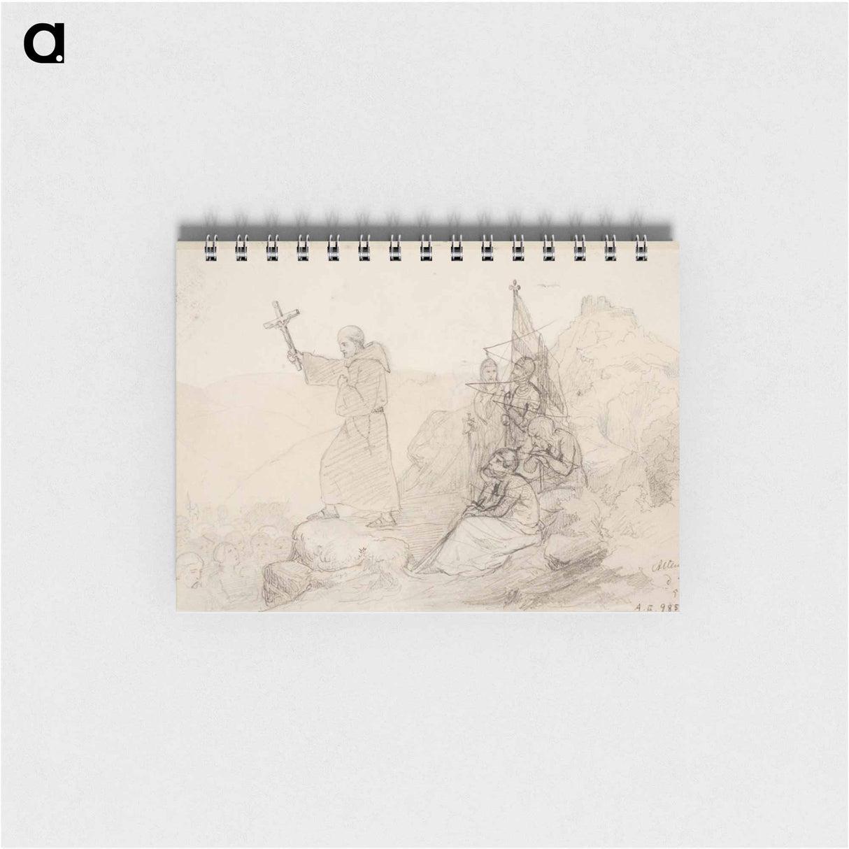 Munkki saarnaamassa kristinoppia joukolle pakanoita, oikealla neljän henkilön ryhmä - アンダース エクマン Memo.