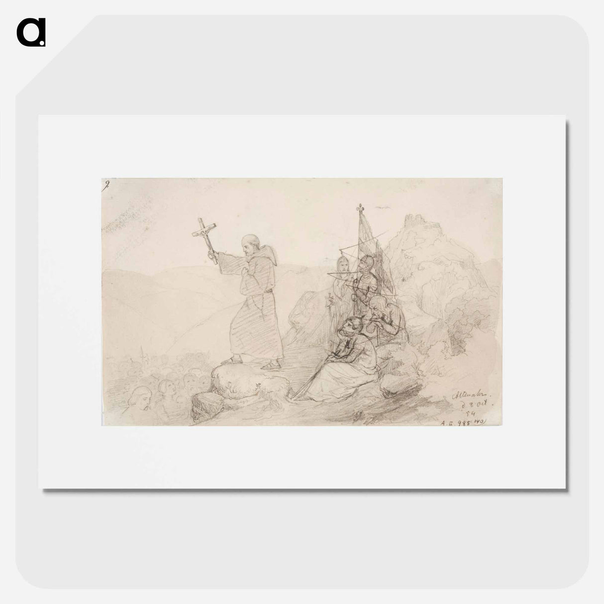 Munkki saarnaamassa kristinoppia joukolle pakanoita, oikealla neljän henkilön ryhmä - アンダース エクマン Poster.