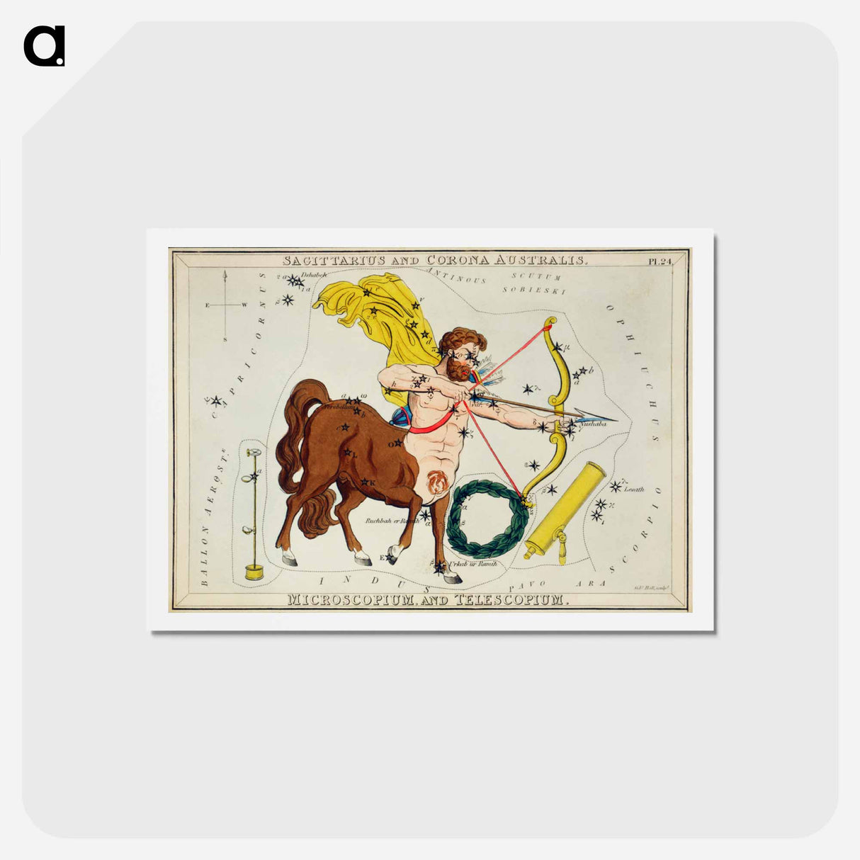 アートポストカード-Sagittarius and Corona Australis, Microscopium and Telescopium - アンティーク地図 Postcard.