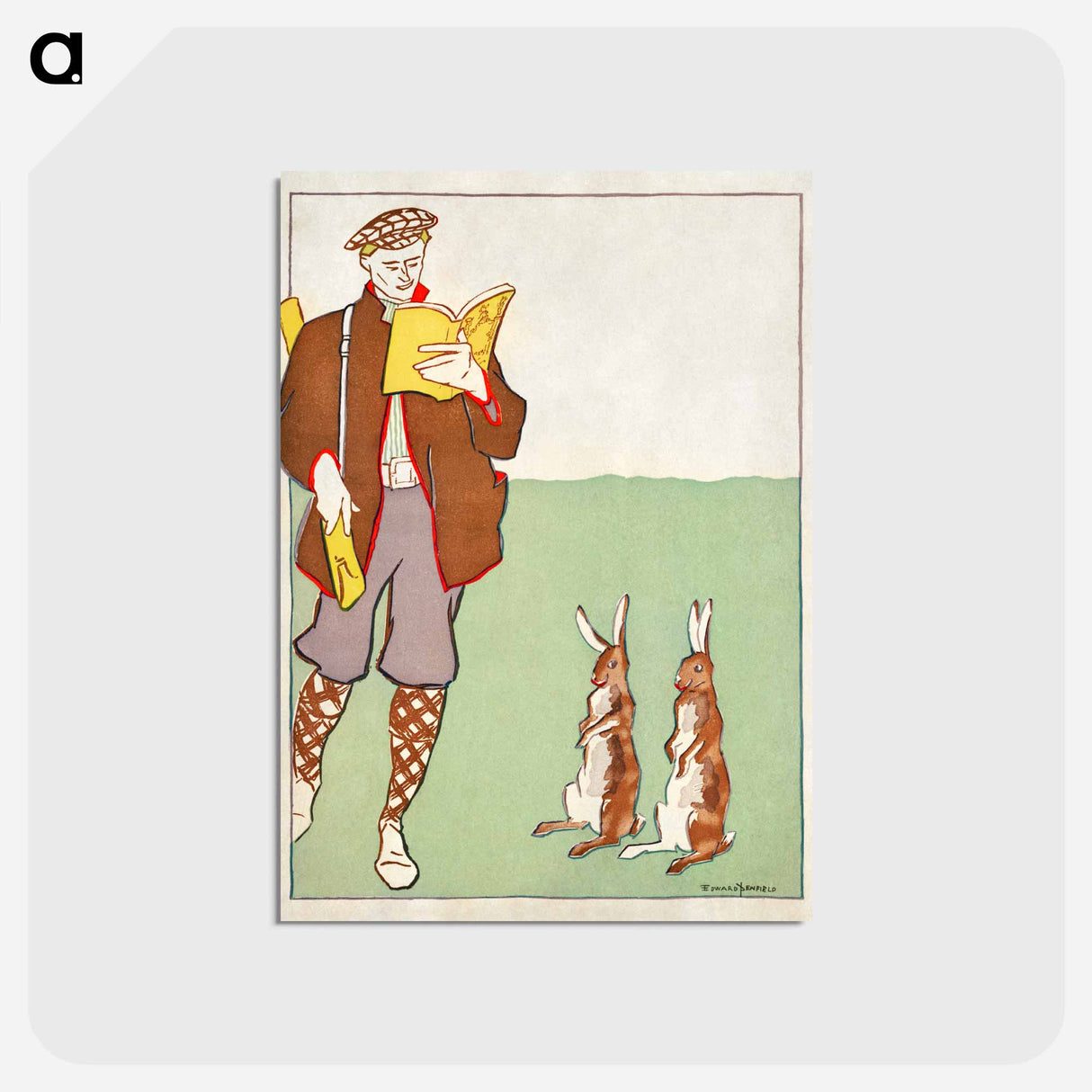 アートポストカード-Man reading a book with Hares - エドワード ペンフィールド Postcard.