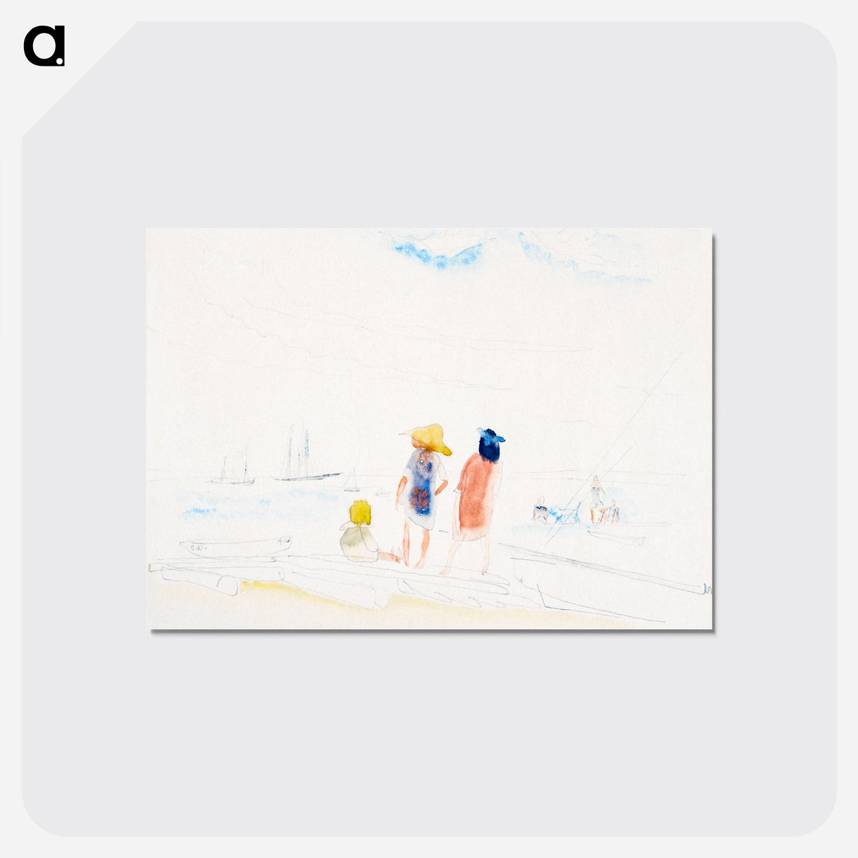 Two Women and Child on Beach - チャールズ デムス Postcard.