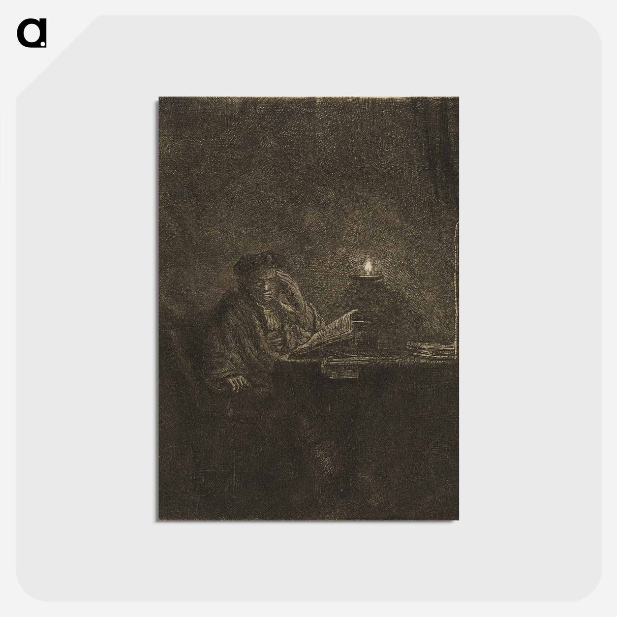 アートポストカード-Student at a Table by Candlelight - レンブラント ファン レイン Postcard.