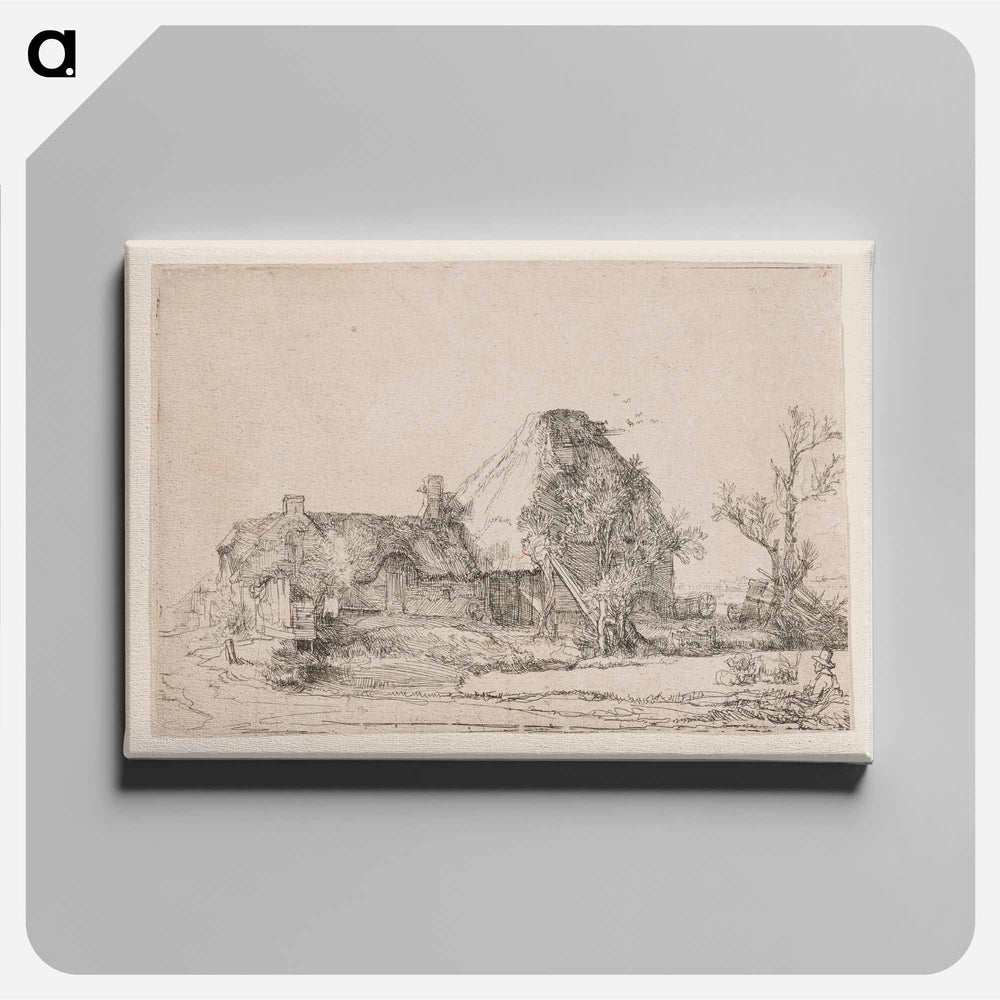 Cottage and Farm Buildings with a Man Sketching - レンブラント ファン レイン Canvas.