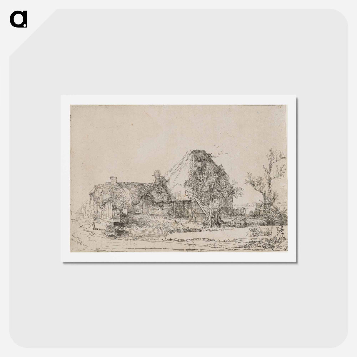 アートポストカード-Cottage and Farm Buildings with a Man Sketching - レンブラント ファン レイン Postcard.