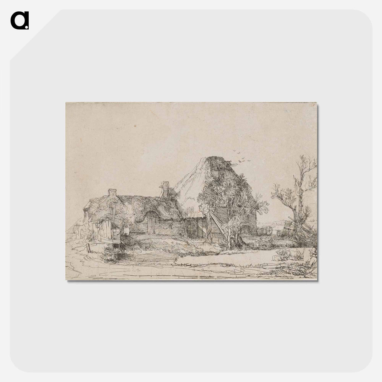 アートポストカード-Cottage and Farm Buildings with a Man Sketching - レンブラント ファン レイン Postcard.
