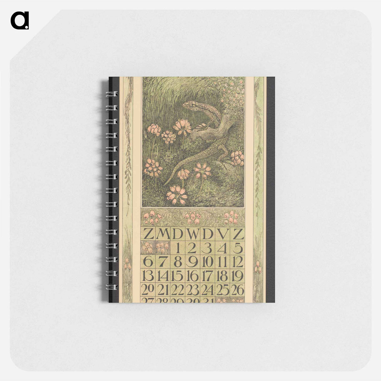 Kalenderblad voor augustus met een hagedis en dopheide by Theo van Hoytema - テオ ヴァン ホイテマ Memo.