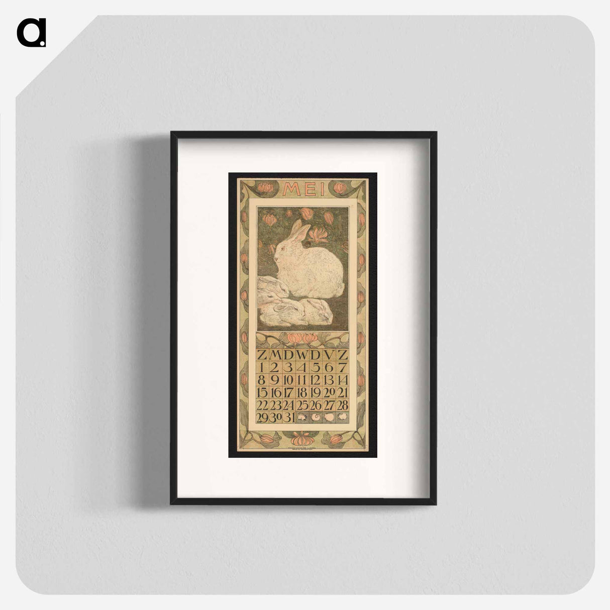 Kalenderblad voor mei met een wit konijn met vier jongen by Theo van Hoytema - テオ ヴァン ホイテマ Poster.