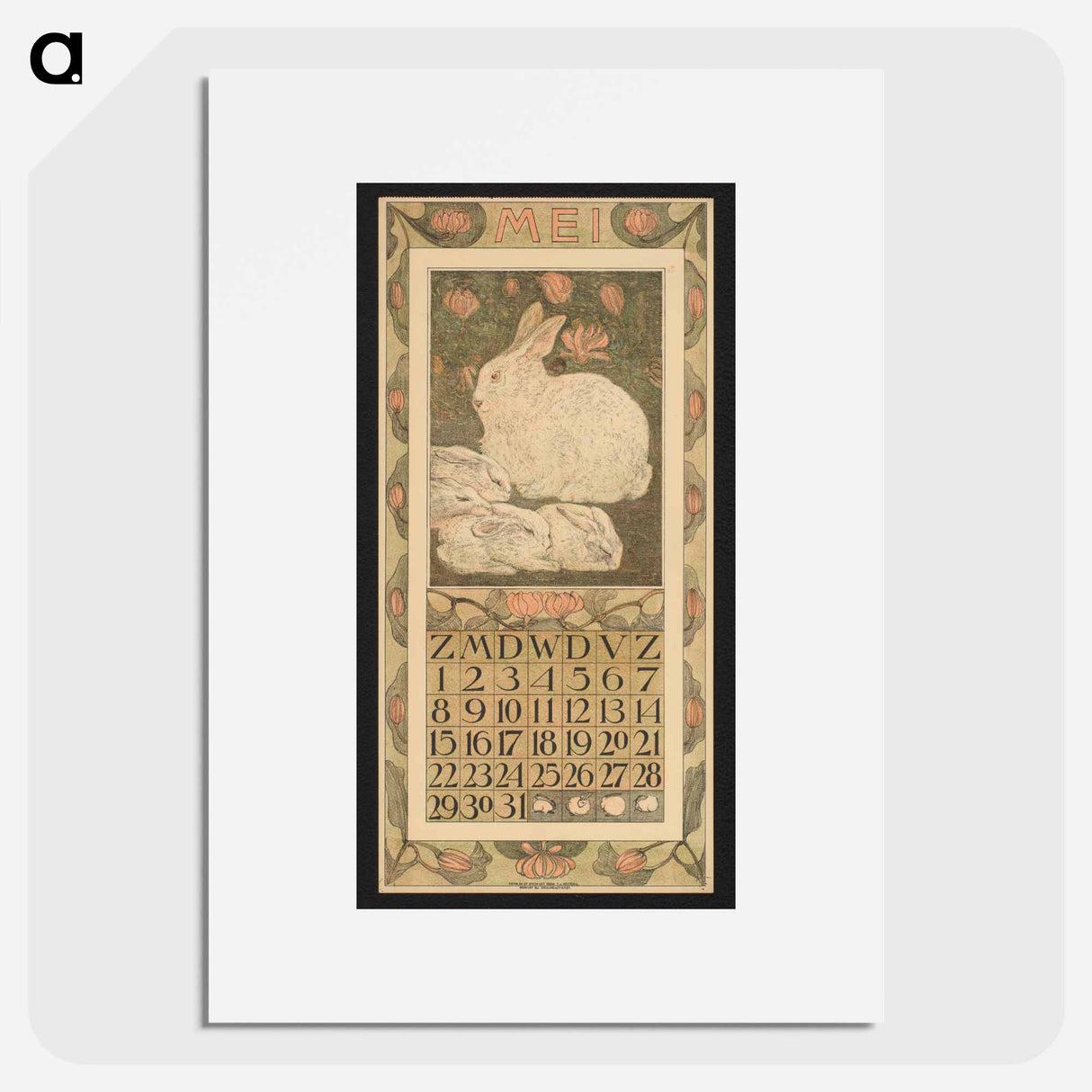 Kalenderblad voor mei met een wit konijn met vier jongen by Theo van Hoytema - テオ ヴァン ホイテマ Poster.