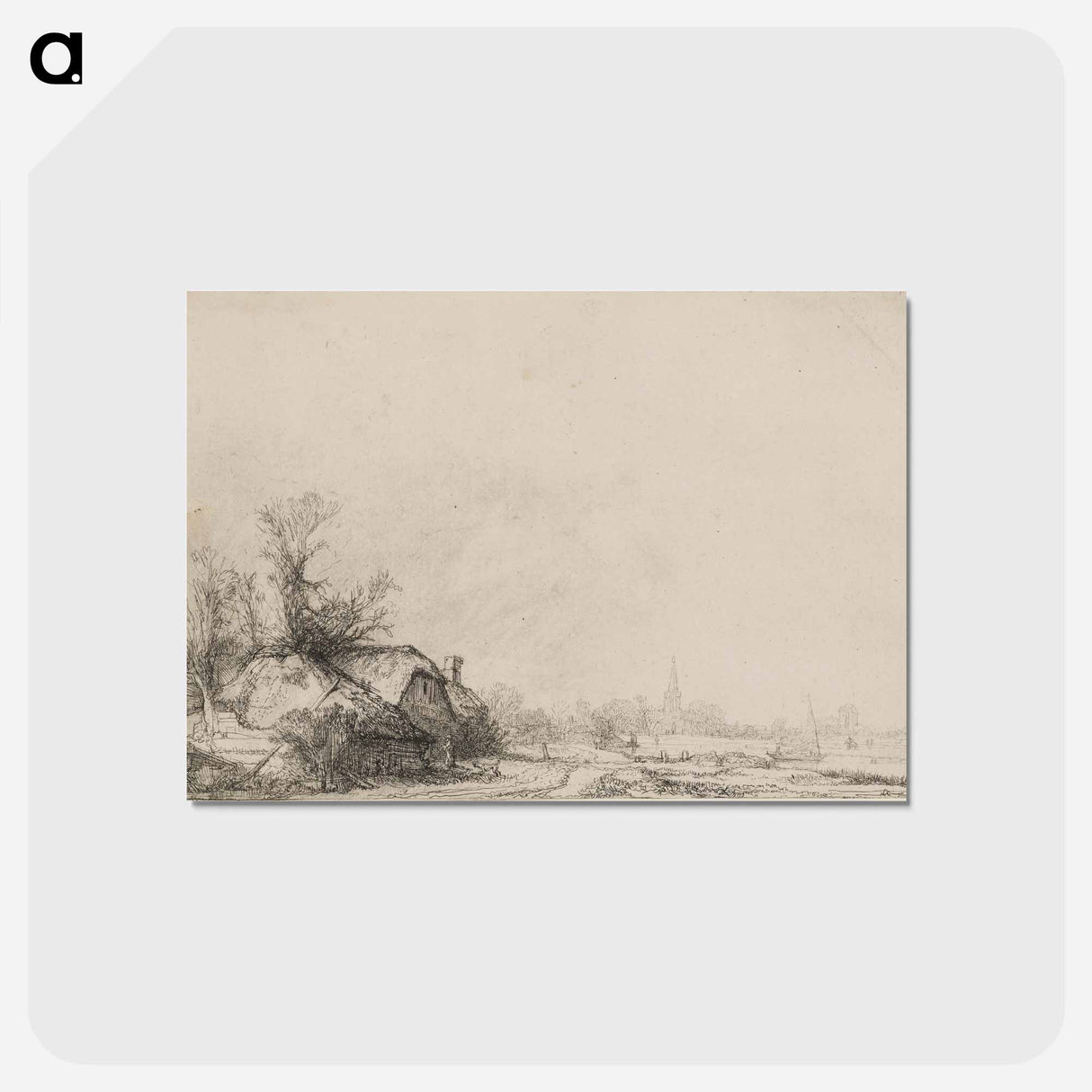 アートポストカード-Cottages beside a Canal with a Church and Sailing Boat - レンブラント ファン レイン Postcard.
