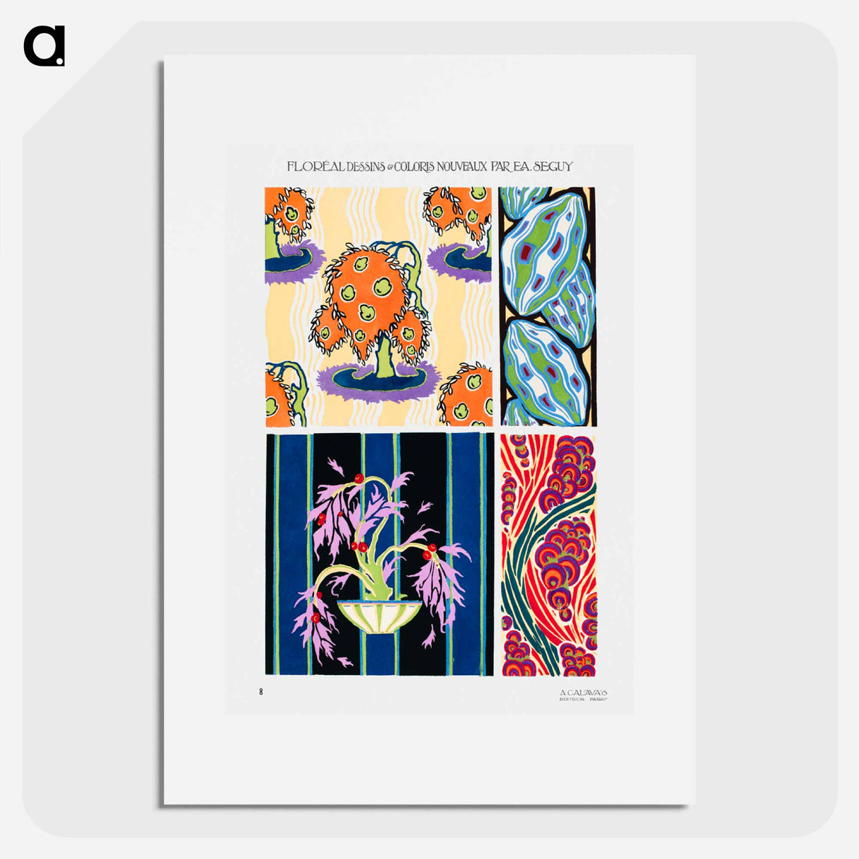 Botanical colorful background, vintage art deco & art nouveau background, plate no. 8. from our own original edition of Floréal: dessins and coloris nouveaux - E.A.セギー Poster.