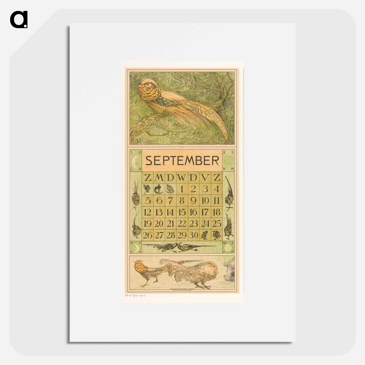 Kalenderblad september met goudfazant - テオ ヴァン ホイテマ Poster.