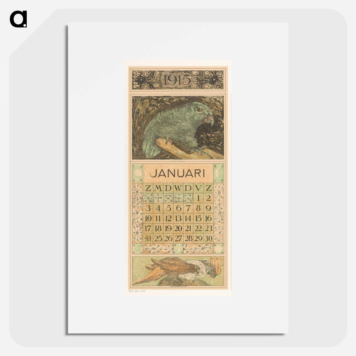 Kalenderblad januari met papegaai - テオ ヴァン ホイテマ Poster.