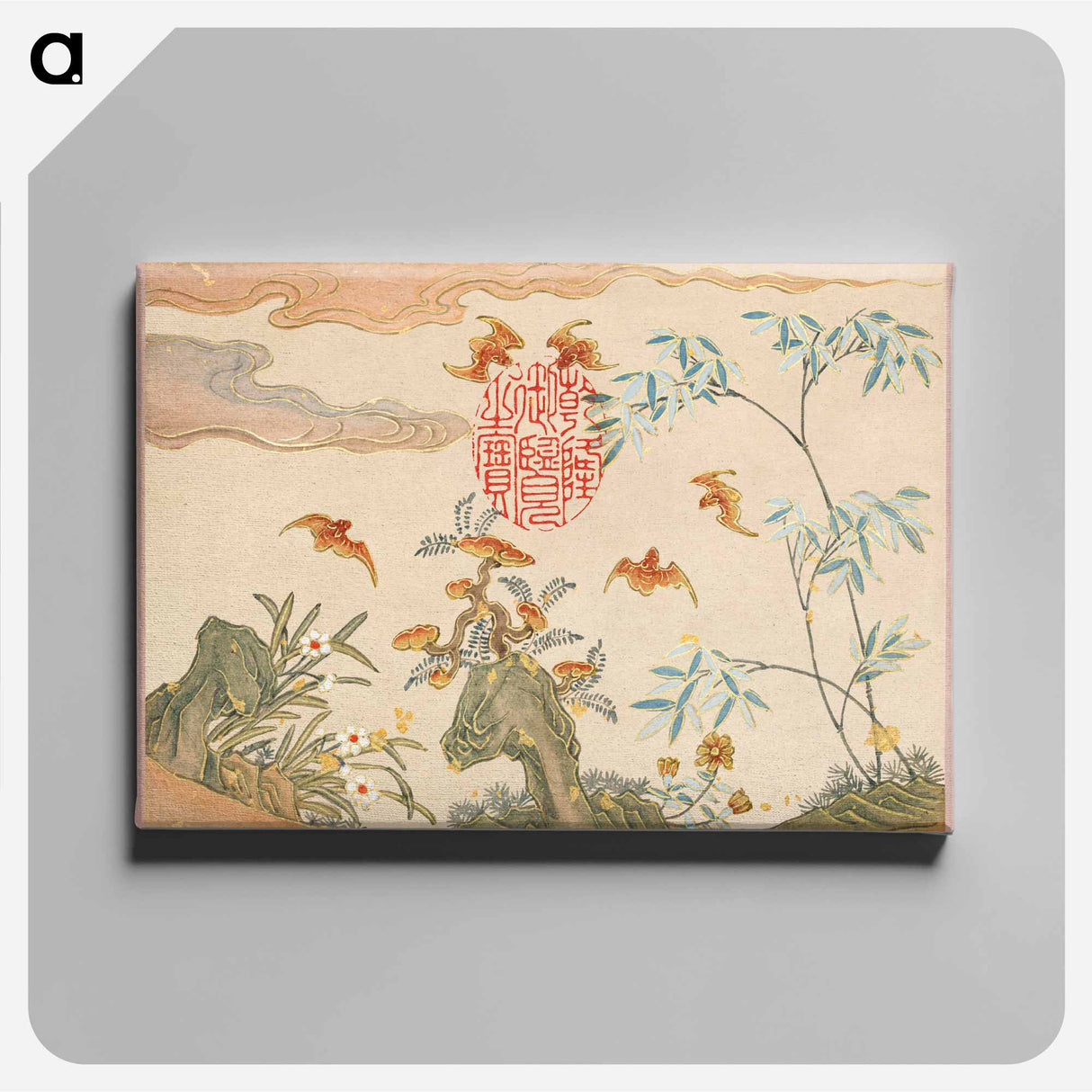 Bats, rocks, flowers oval calligraphy - Zhang Ruao Canvas.