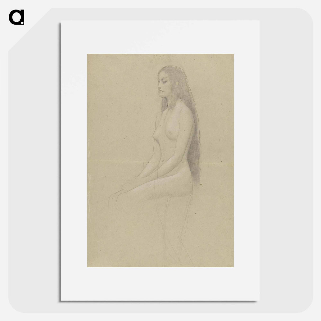 アートポスター-Seated female nude with long loose hair - グスタフ クリムト Poster.