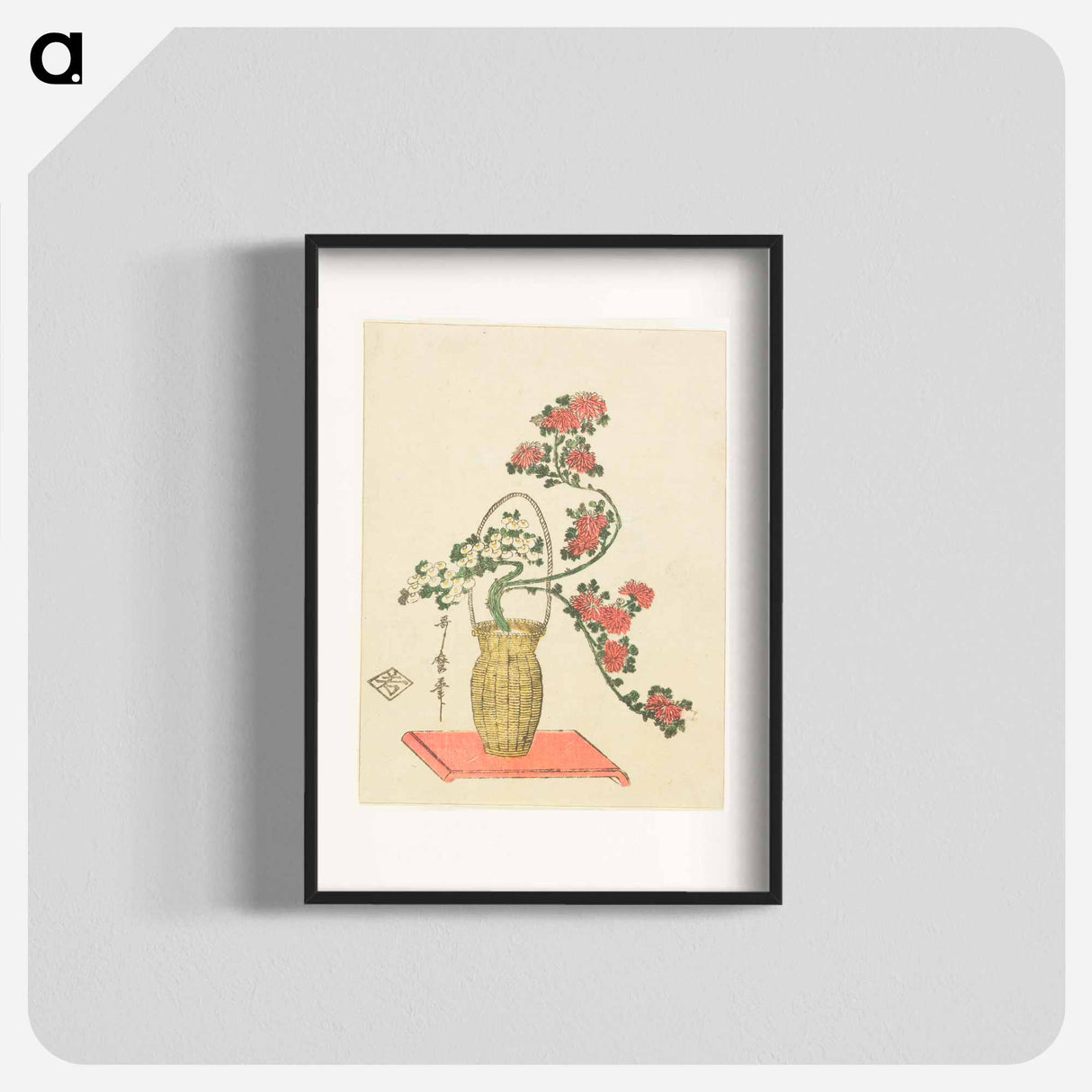 Ikebana arrangement of Chrysanthemums, Bamboo in Basket - 喜多川 歌麿 Poster.