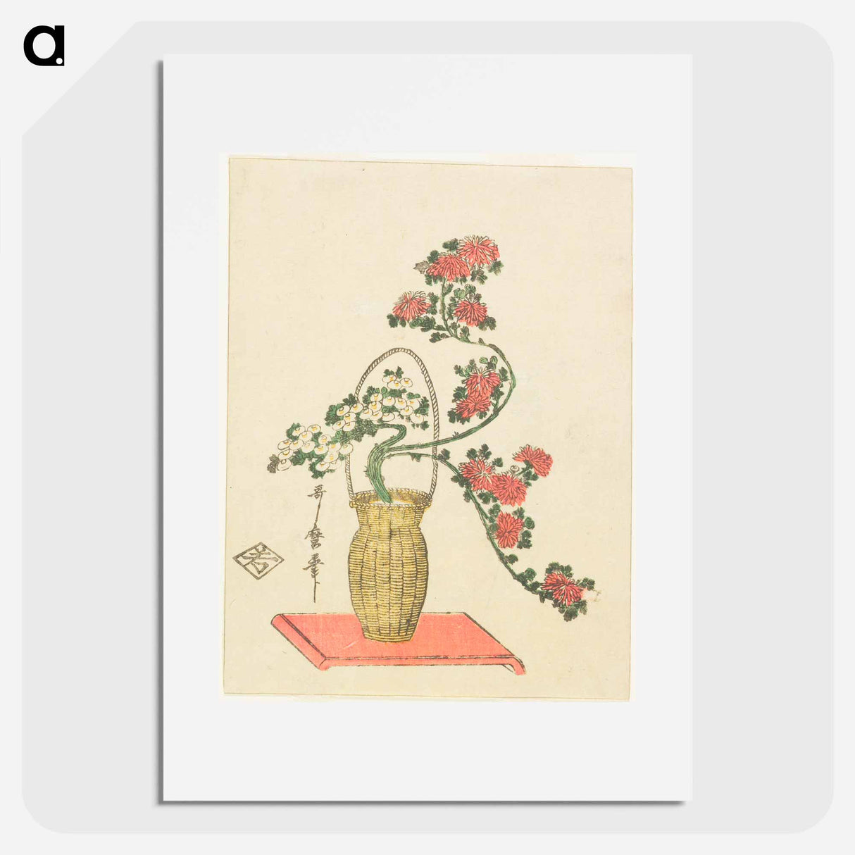 Ikebana arrangement of Chrysanthemums, Bamboo in Basket - 喜多川 歌麿 Poster.