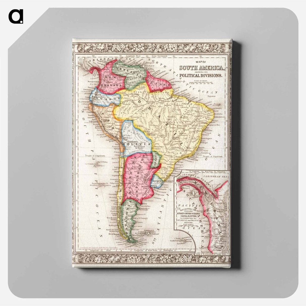 Map of South America, showing its political divisions - アンティーク地図 Canvas.