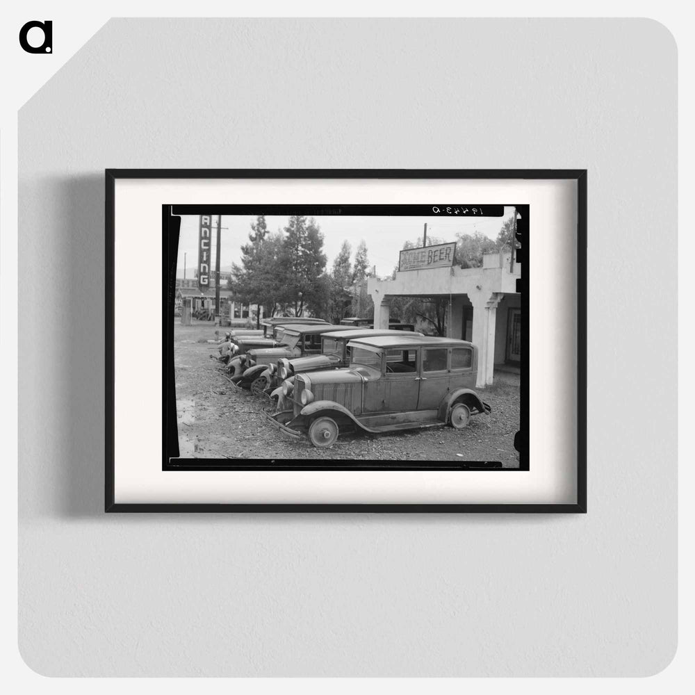 Roadside used car display on State Highway 17, in season when migrants come into the region for pea-picking. Santa Clara County, California - Dorothea Lange Poster.
