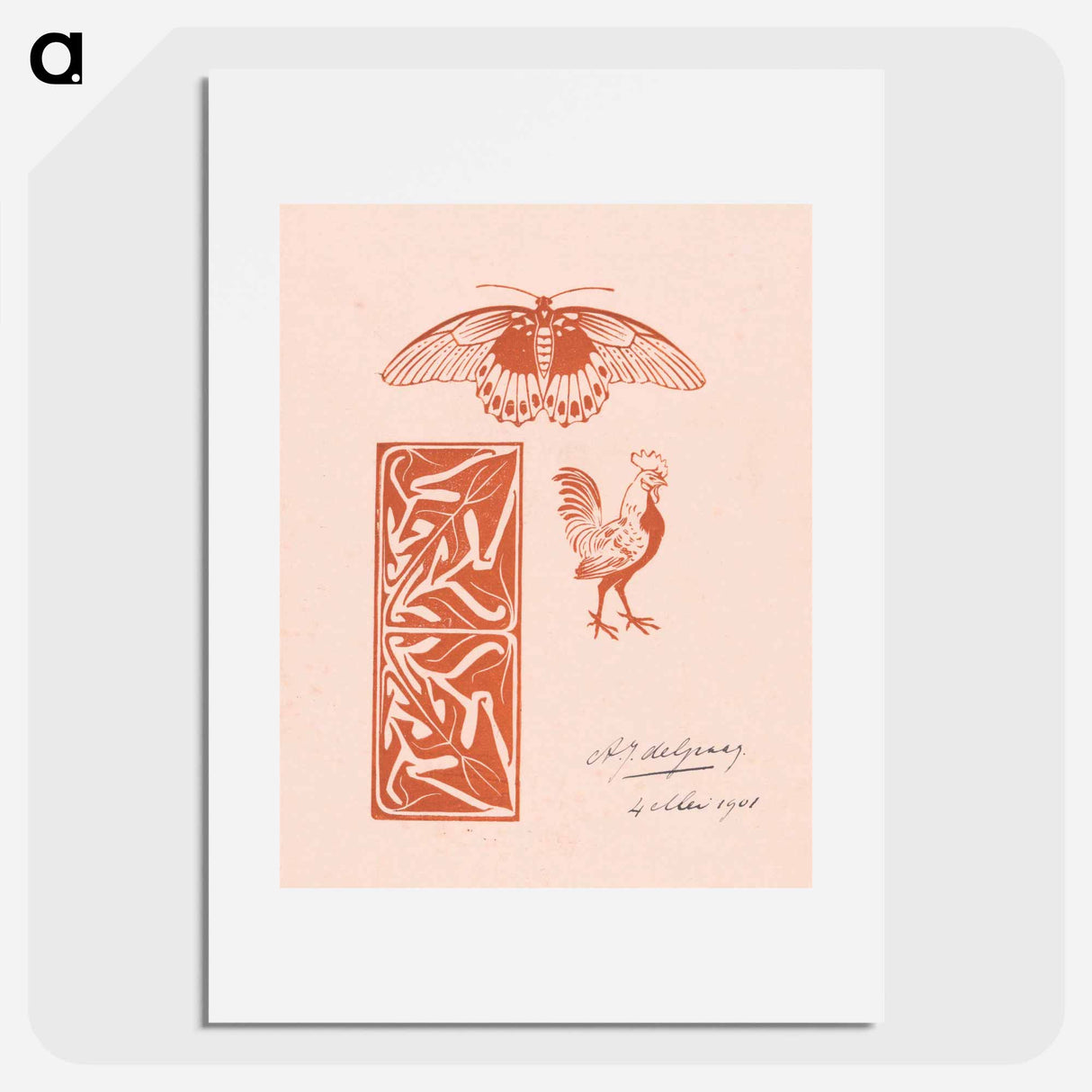 アートポスター-Butterfly, rooster and leaf ornament - ユリー デ フラーハ Poster.