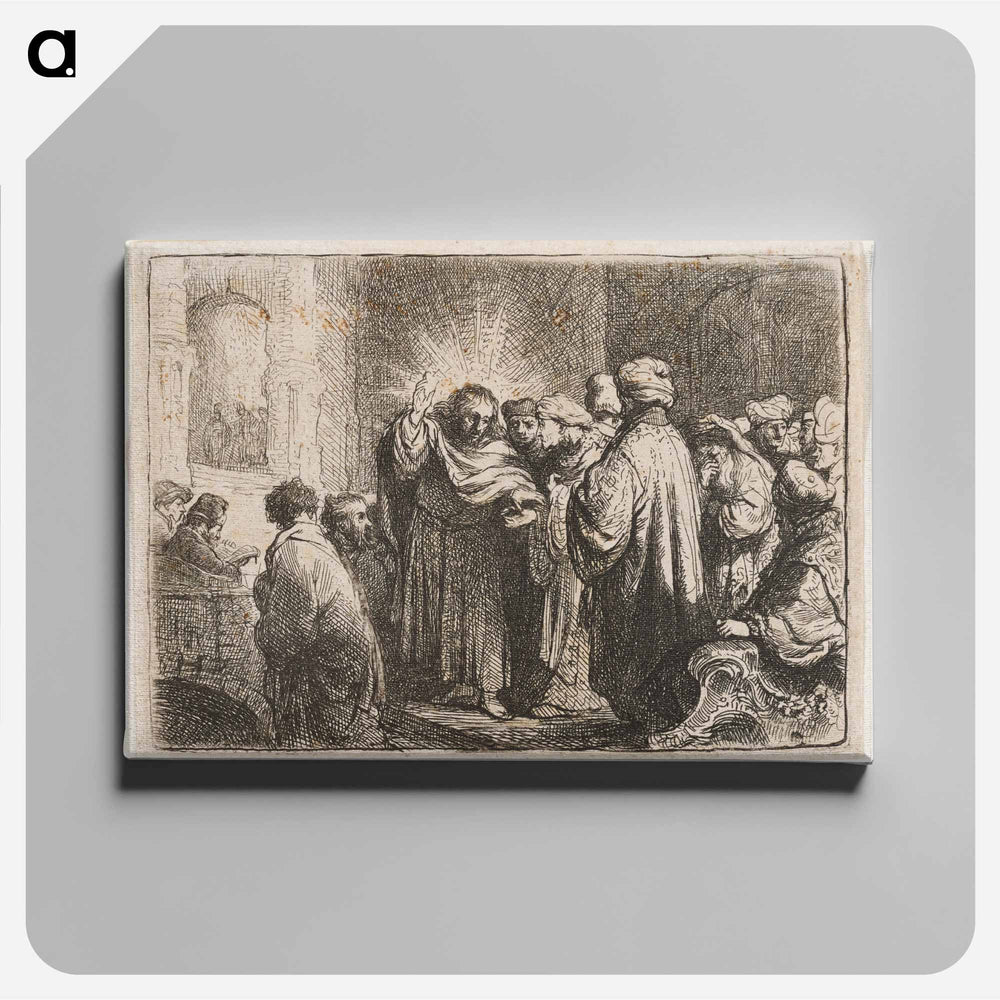 Rembrandt van Rijn's man at center with his PR hand up and a lighter coloring around his head - レンブラント ファン レイン Canvas.