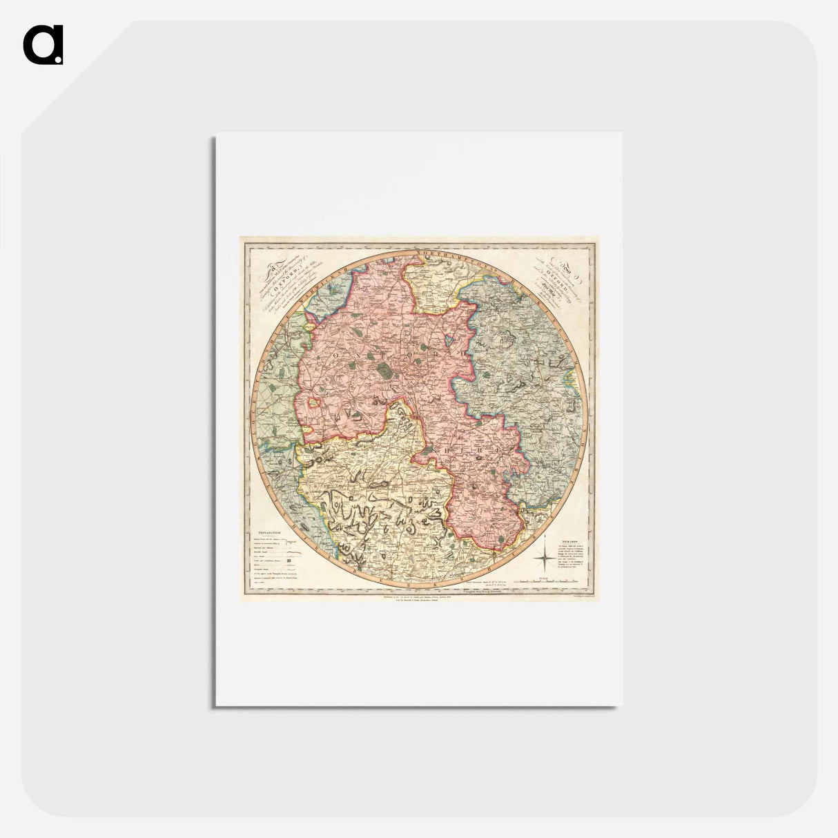 アートポストカード-A new and accurate map of the country for twenty five miles round the University of Oxford - アンティーク地図 Postcard.