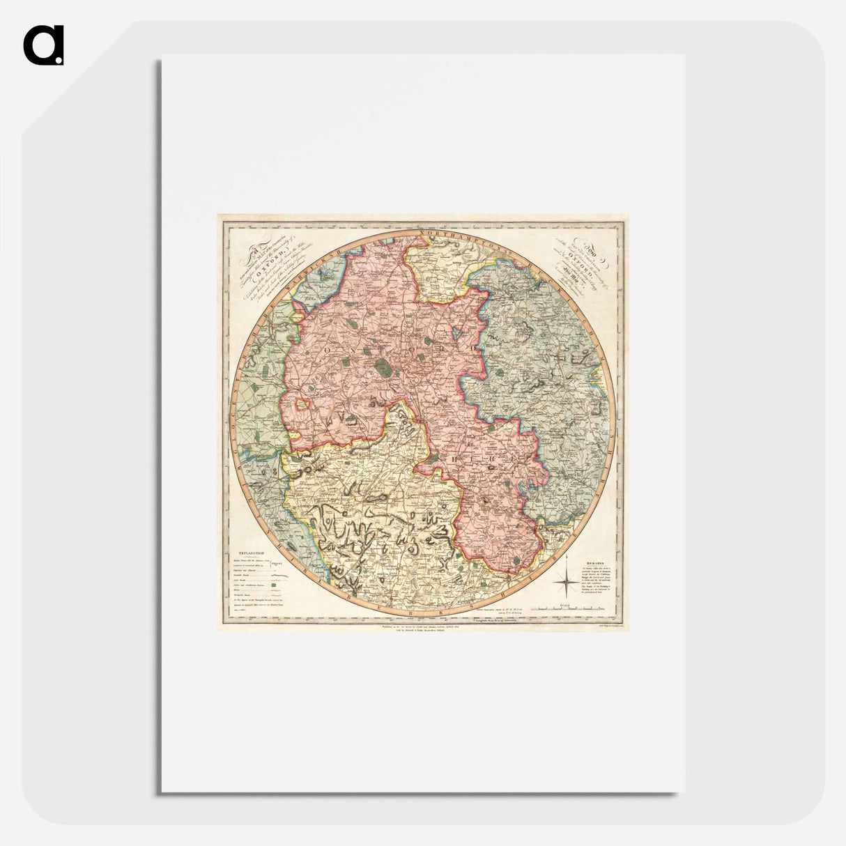 A new and accurate map of the country for twenty five miles round the University of Oxford - アンティーク地図 Poster.