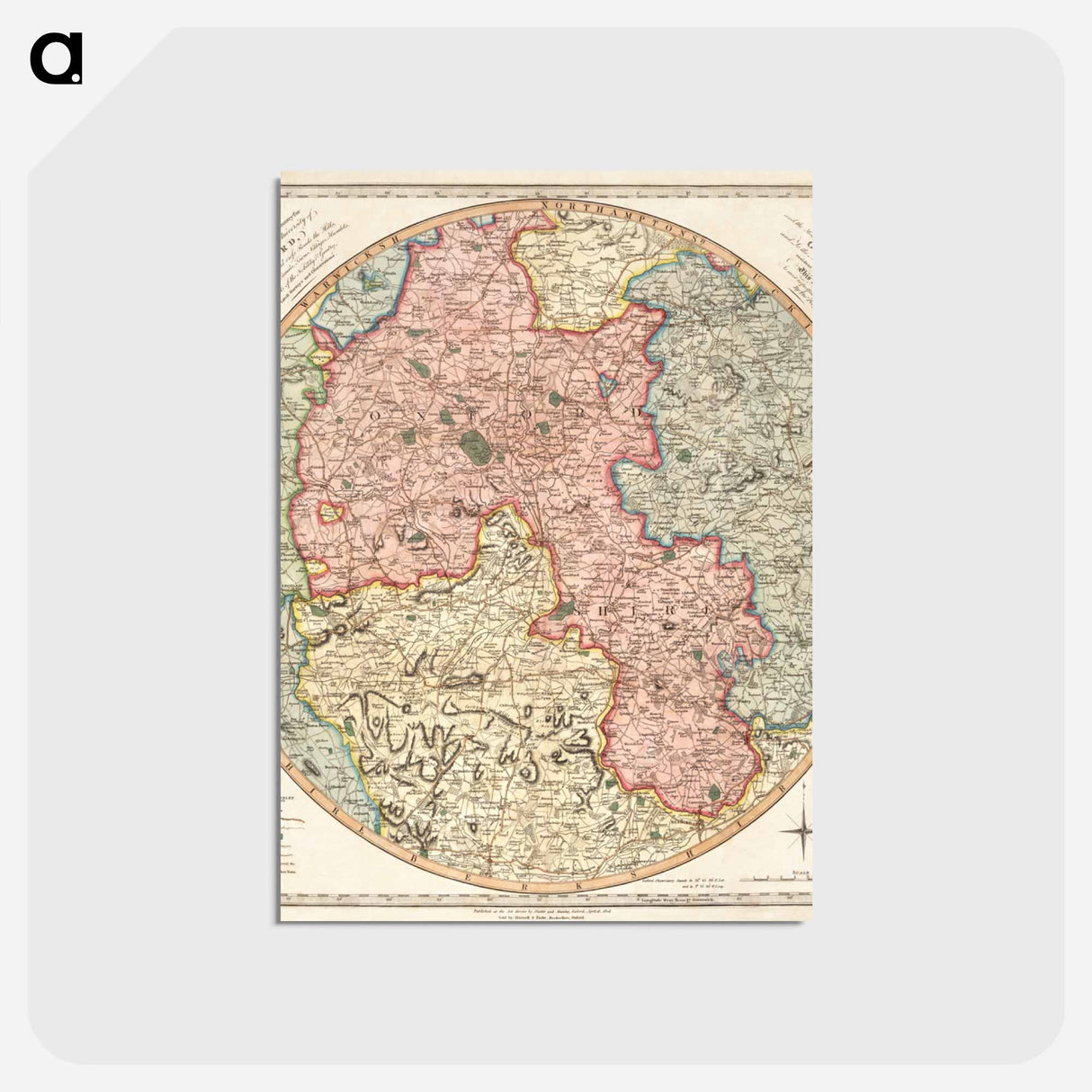 アートポストカード-A new and accurate map of the country for twenty five miles round the University of Oxford - アンティーク地図 Postcard.
