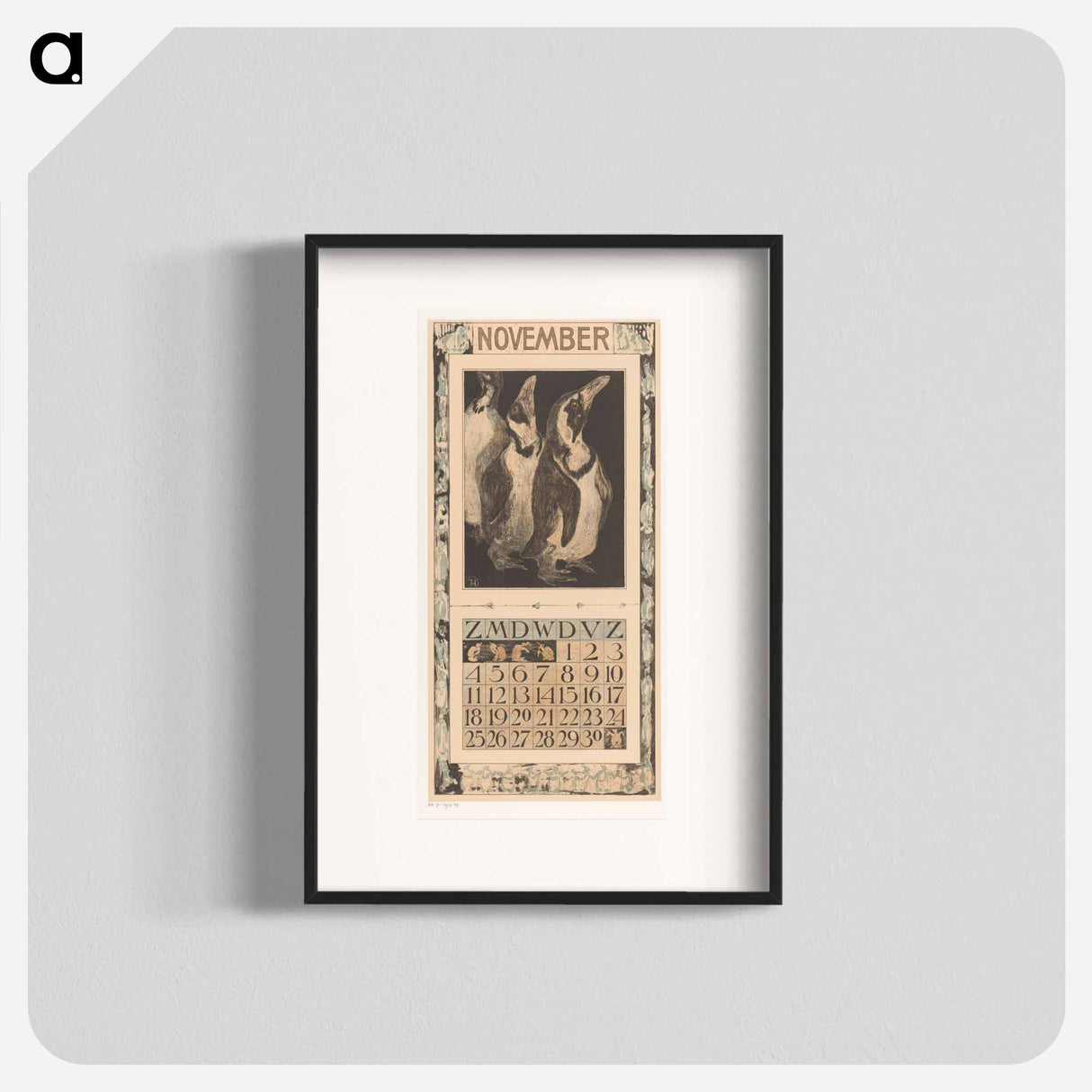 Calendar November with dry pinguïns - Theo van Hoytema Poster.