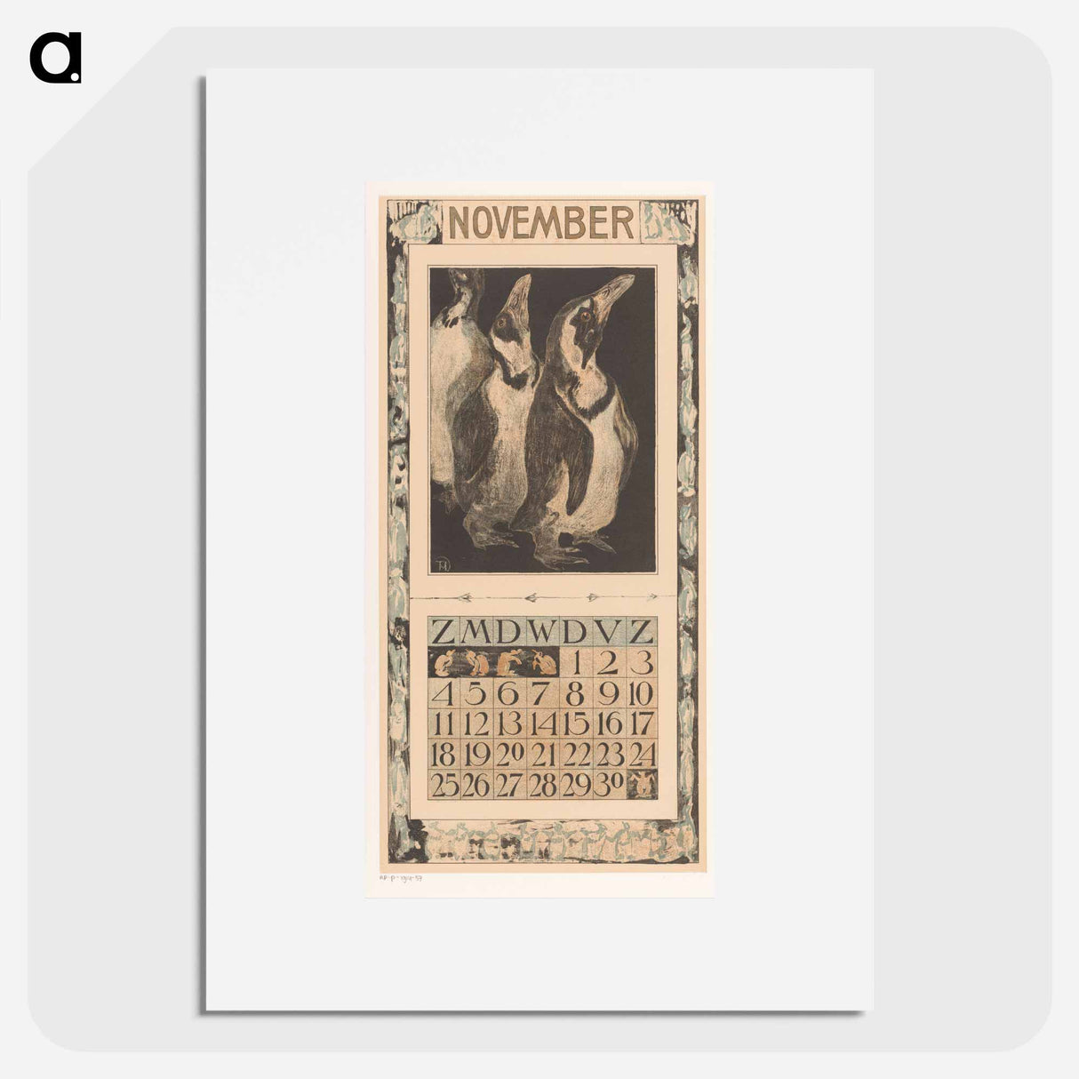 Calendar November with dry pinguïns - Theo van Hoytema Poster.