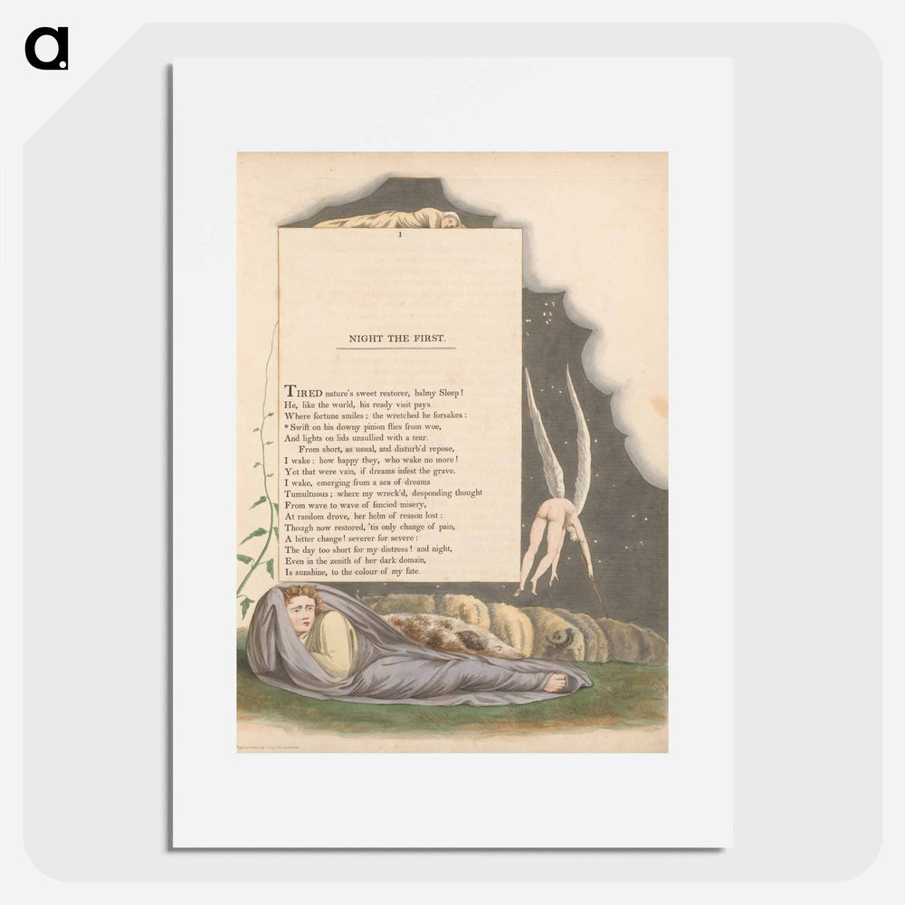 Young's Night Thoughts, Page 1, "Swift on His Downy Pinion Flies from Woe" - William Blake Poster.