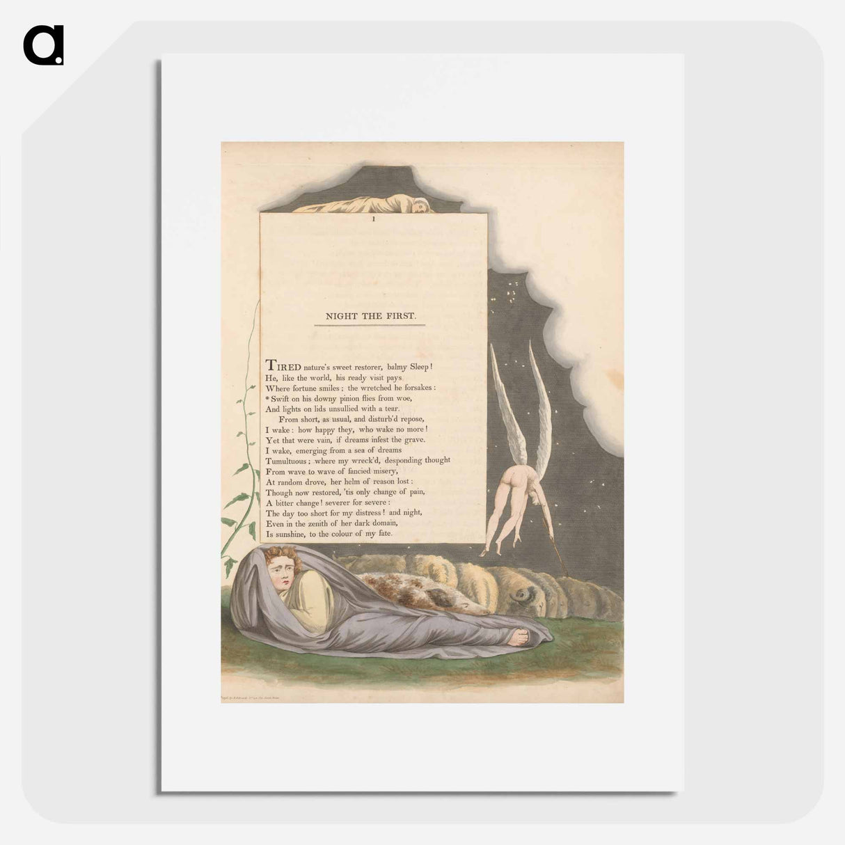 Young's Night Thoughts, Page 1, "Swift on His Downy Pinion Flies from Woe" - William Blake Poster.