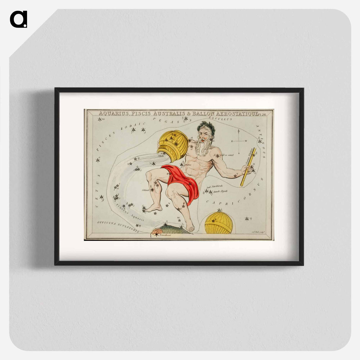 Sidney Hall’s astronomical chart illustration of the zodiacs Aquaris, Piscis Australis and Ballon Aerostatique - アンティーク地図 Poster.