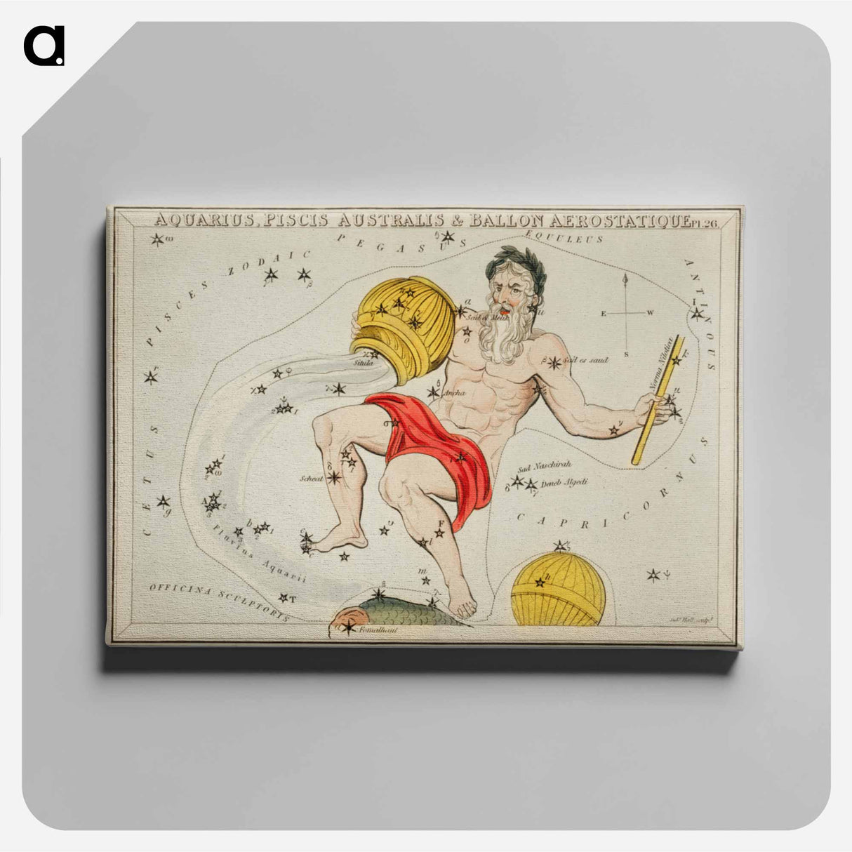 Sidney Hall’s astronomical chart illustration of the zodiacs Aquaris, Piscis Australis and Ballon Aerostatique - アンティーク地図 Canvas.