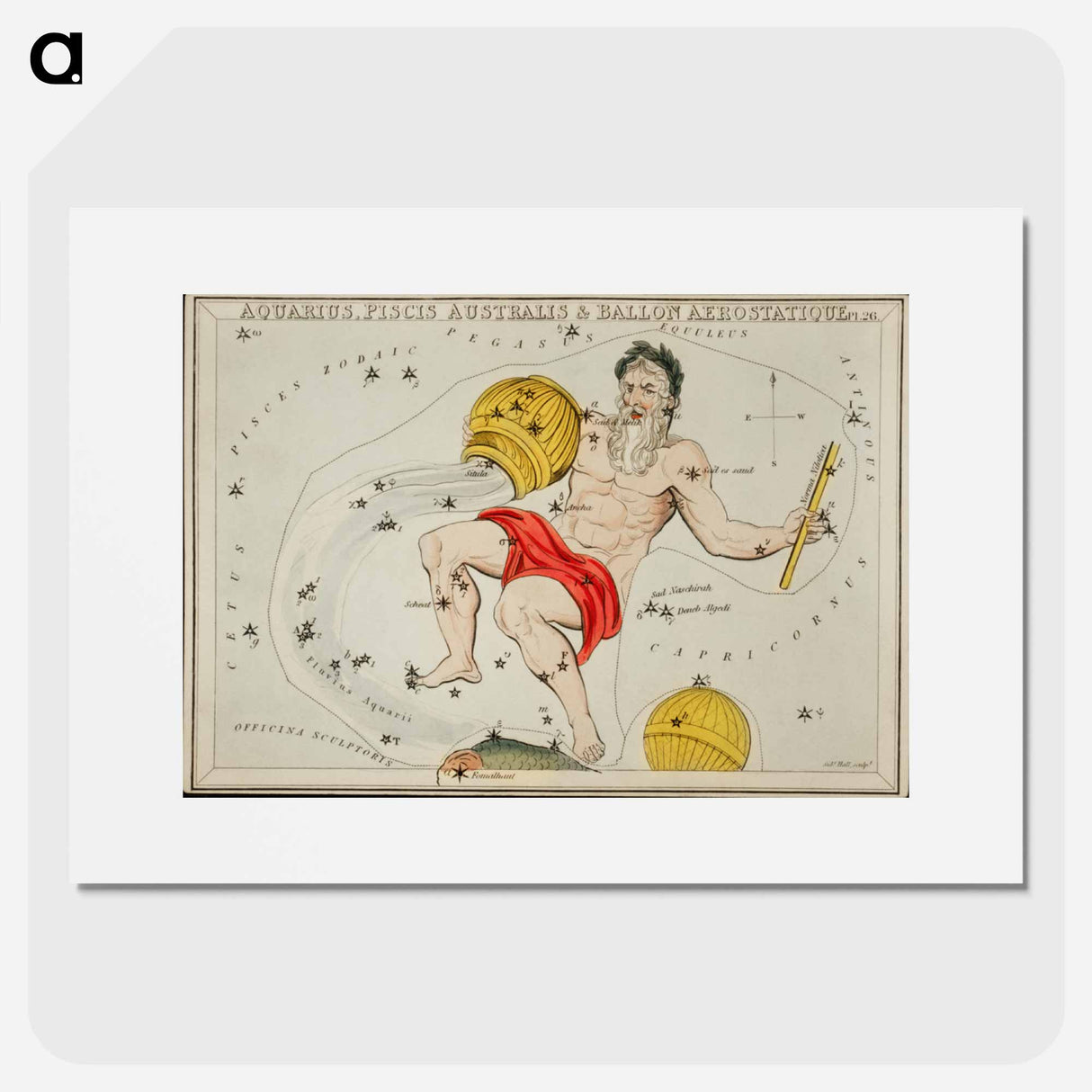 Sidney Hall’s astronomical chart illustration of the zodiacs Aquaris, Piscis Australis and Ballon Aerostatique - アンティーク地図 Poster.