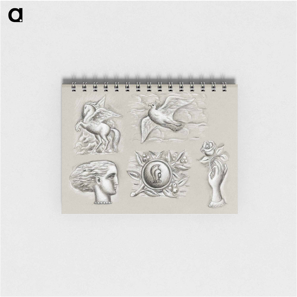Pegasus, dove, woman's head, heraldry and hand with rose - レオ ヘステル Memo.