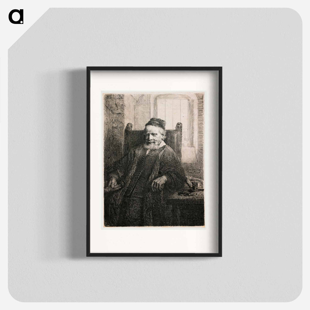 Rembrandt van Rijn's slightly longer than 3/4 portrait of a seated man with beard and moustache, wearing a cap, vest with many small buttons and a long cloak; man holds an object in his PR hand; table a - Rembrandt van Rijn Poster.