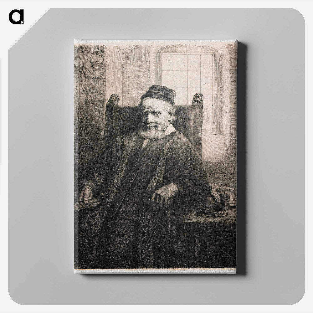 Rembrandt van Rijn's slightly longer than 3/4 portrait of a seated man with beard and moustache, wearing a cap, vest with many small buttons and long cloak; man holds an object in his PR hand; table a - レンブラント ファン レイン Canvas.