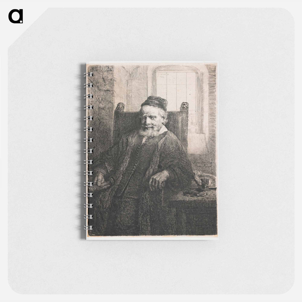 Rembrandt van Rijn's slightly longer than 3/4 portrait of a seated man with beard and moustache, wearing a cap, vest with many small buttons and long cloak; man holds an object in his PR hand; table a - レンブラント ファン レイン Memo.