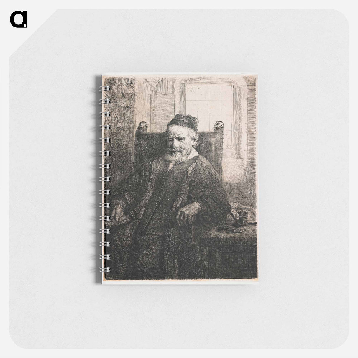 Rembrandt van Rijn's slightly longer than 3/4 portrait of a seated man with beard and moustache, wearing a cap, vest with many small buttons and long cloak; man holds an object in his PR hand; table a - レンブラント ファン レイン Memo.