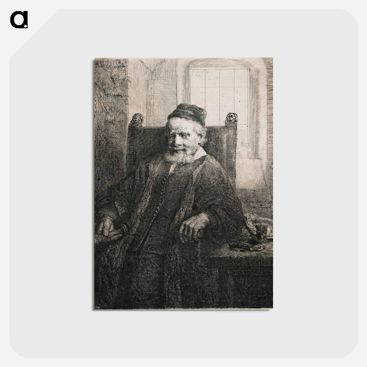 アートポストカード-Rembrandt van Rijn's slightly longer than 3/4 portrait of a seated man with beard and moustache, wearing a cap, vest with many small buttons and long cloak; man holds an object in his PR hand; table a - レンブラント ファン レイン Postcard.