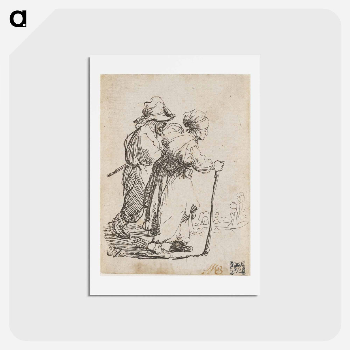アートポストカード-Rembrandt van Rijn's man in background and woman in foreground walking toward the right edge of the picture plane - レンブラント ファン レイン Postcard.