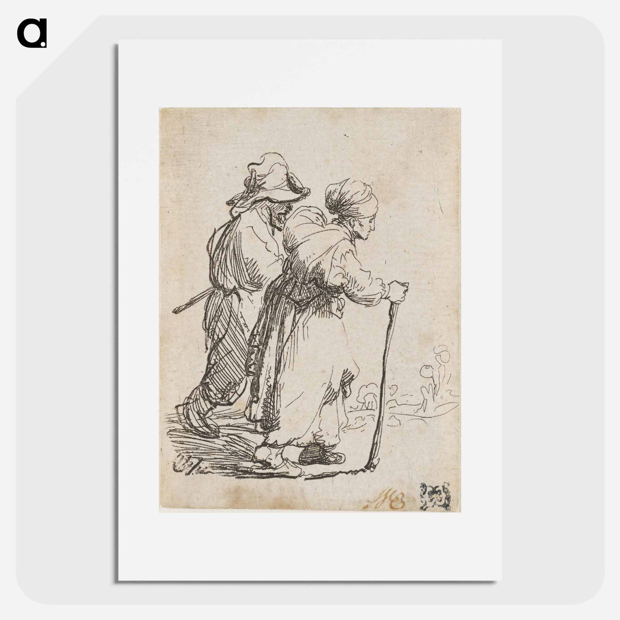 アートポスター-Rembrandt van Rijn's man in background and woman in foreground walking toward the right edge of the picture plane - レンブラント ファン レイン Poster.