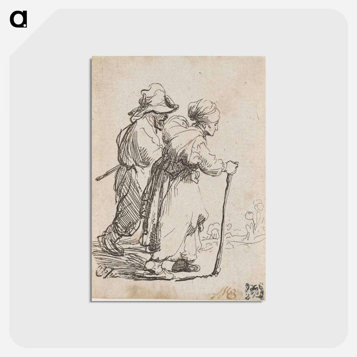アートポストカード-Rembrandt van Rijn's man in background and woman in foreground walking toward the right edge of the picture plane - レンブラント ファン レイン Postcard.