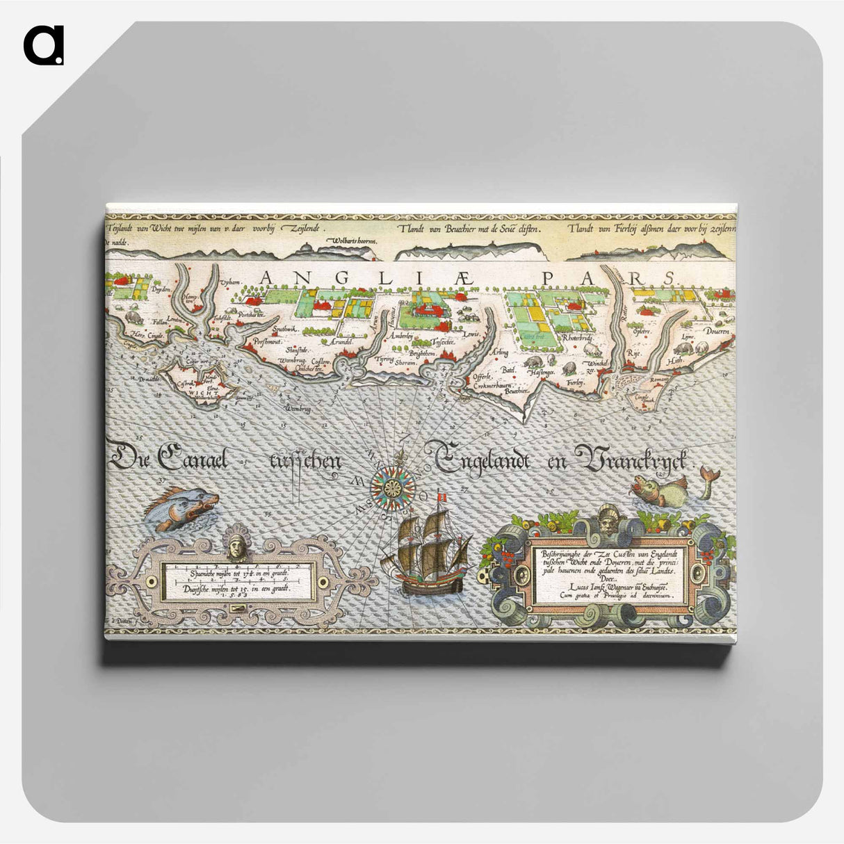 Kaart van de Zuidengelse kust tussen de Isle of Wight en Dover - アンティーク地図 Canvas.