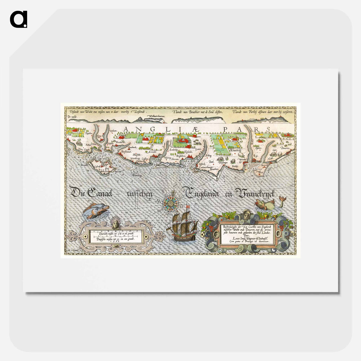 Kaart van de Zuidengelse kust tussen de Isle of Wight en Dover - アンティーク地図 Poster.